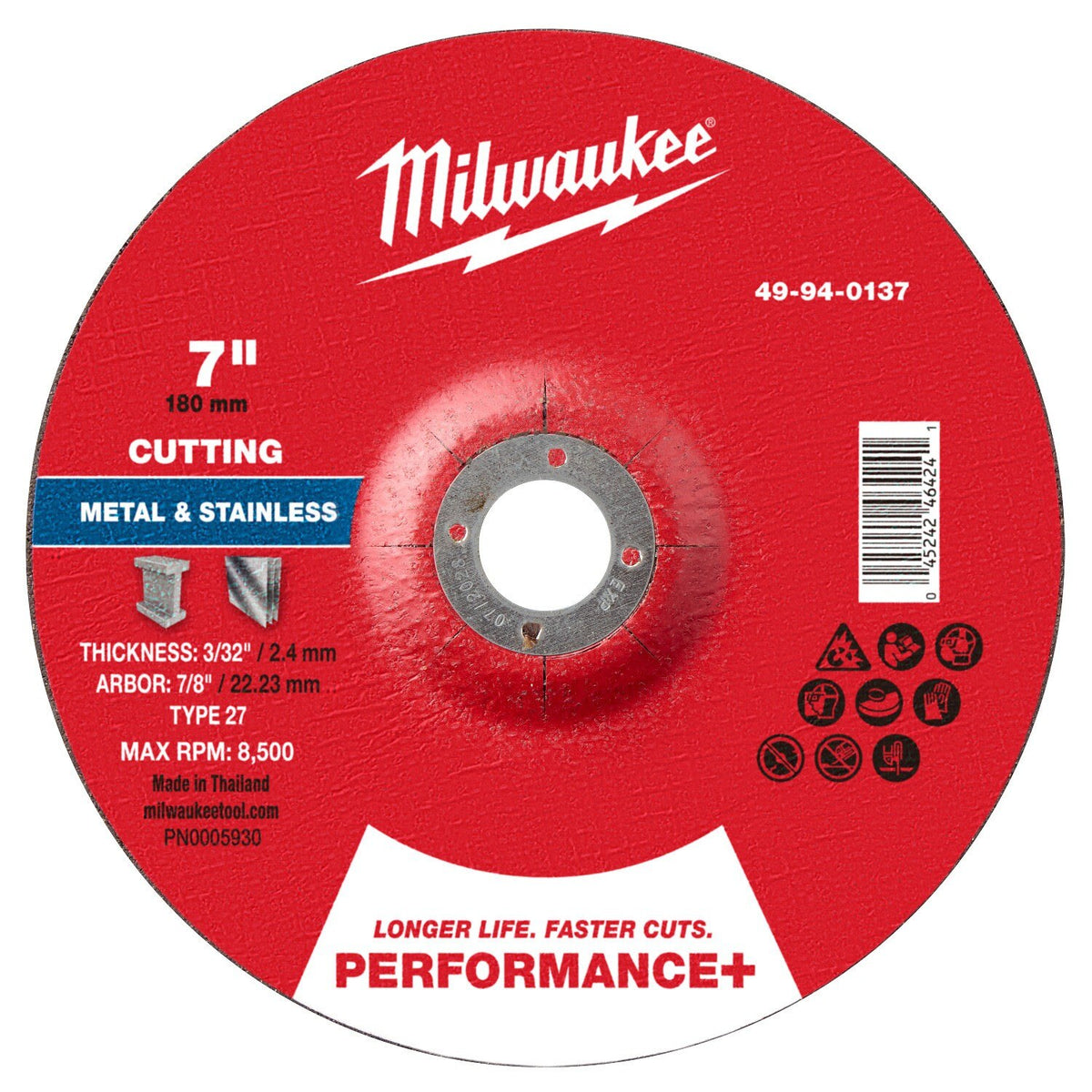 Milwaukee 49-94-0137 7 in. x 3/32 in. x 7/8 in. Performance Plus Metal Cut Off Wheel Type 27 (25 Pack)