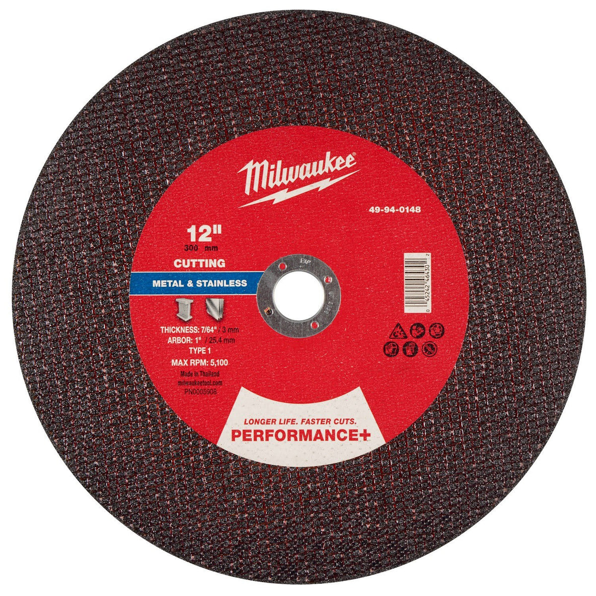 Milwaukee 49-94-0148 Performance Plus 12 in. x 7/64 in. x 1 in. Metal Cut Off Wheel Type 1 (10 Pack)