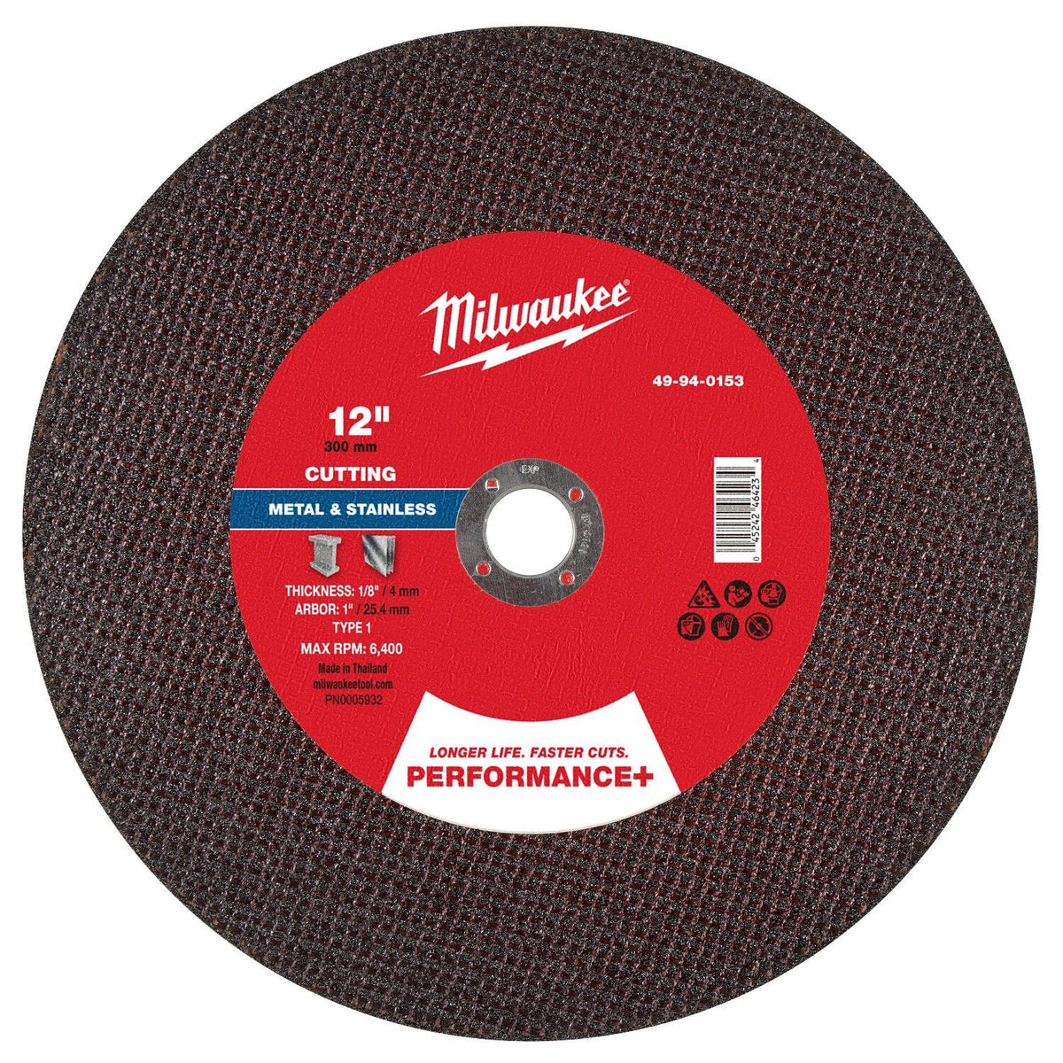 Milwaukee 49-94-0153 12 in x 1/8 in x 1 in Performance Plus Metal Cut Off Wheel Type 1 (10 Pack)
