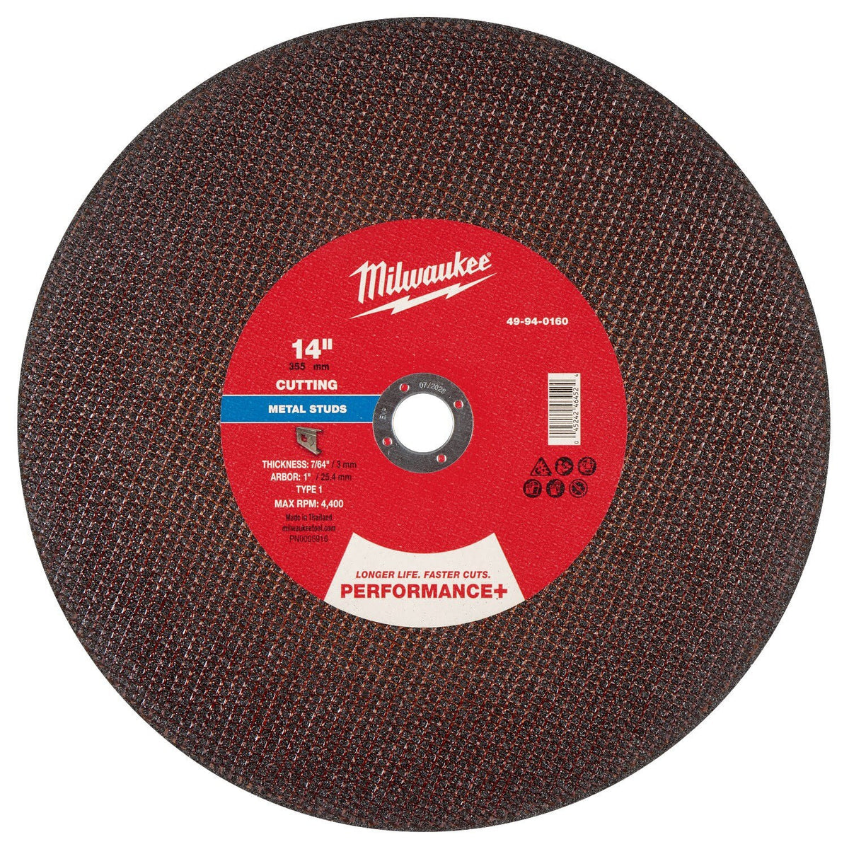 Milwaukee 49-94-0160 14 in x 7/64 in x 1 in Performance Plus Metal Cut Off Wheel Type 1 Stud Cutter (10 Pack)