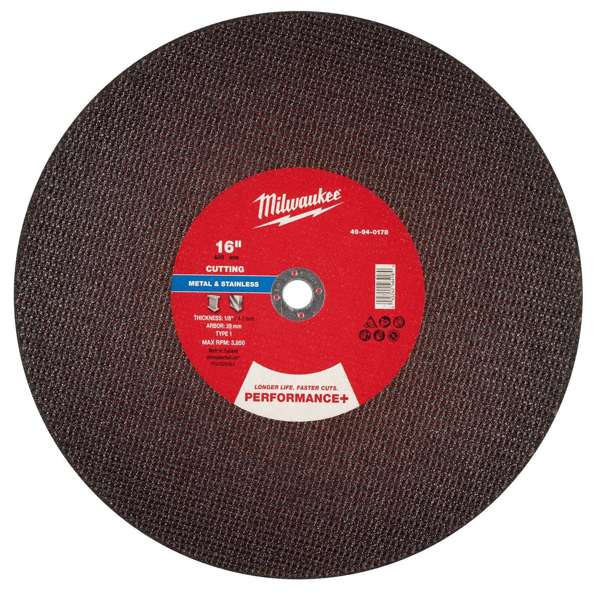 Milwaukee 49-94-0178 16 in x 1/8 in x 20 mm Performance Plus Metal Cut Off Wheel Type 1 (10 Pack)