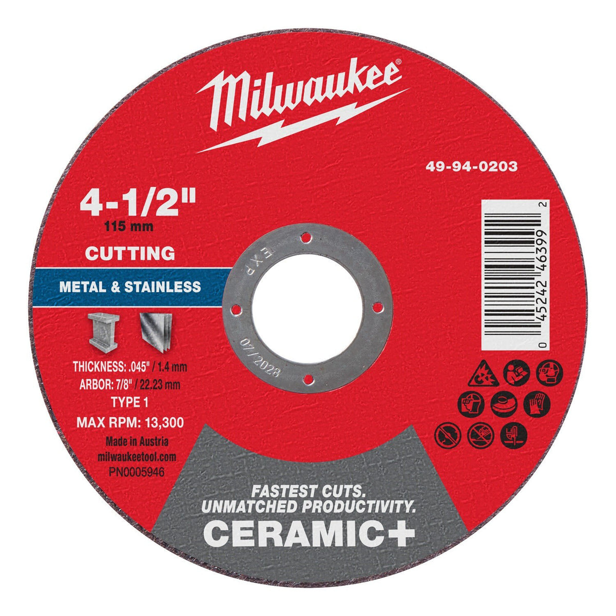 Milwaukee 49-94-0203 4-1/2 in x 0.045 in x 7/8 in Ceramic Plus Metal Cut-Off Wheel Type 1 (25 Pack)