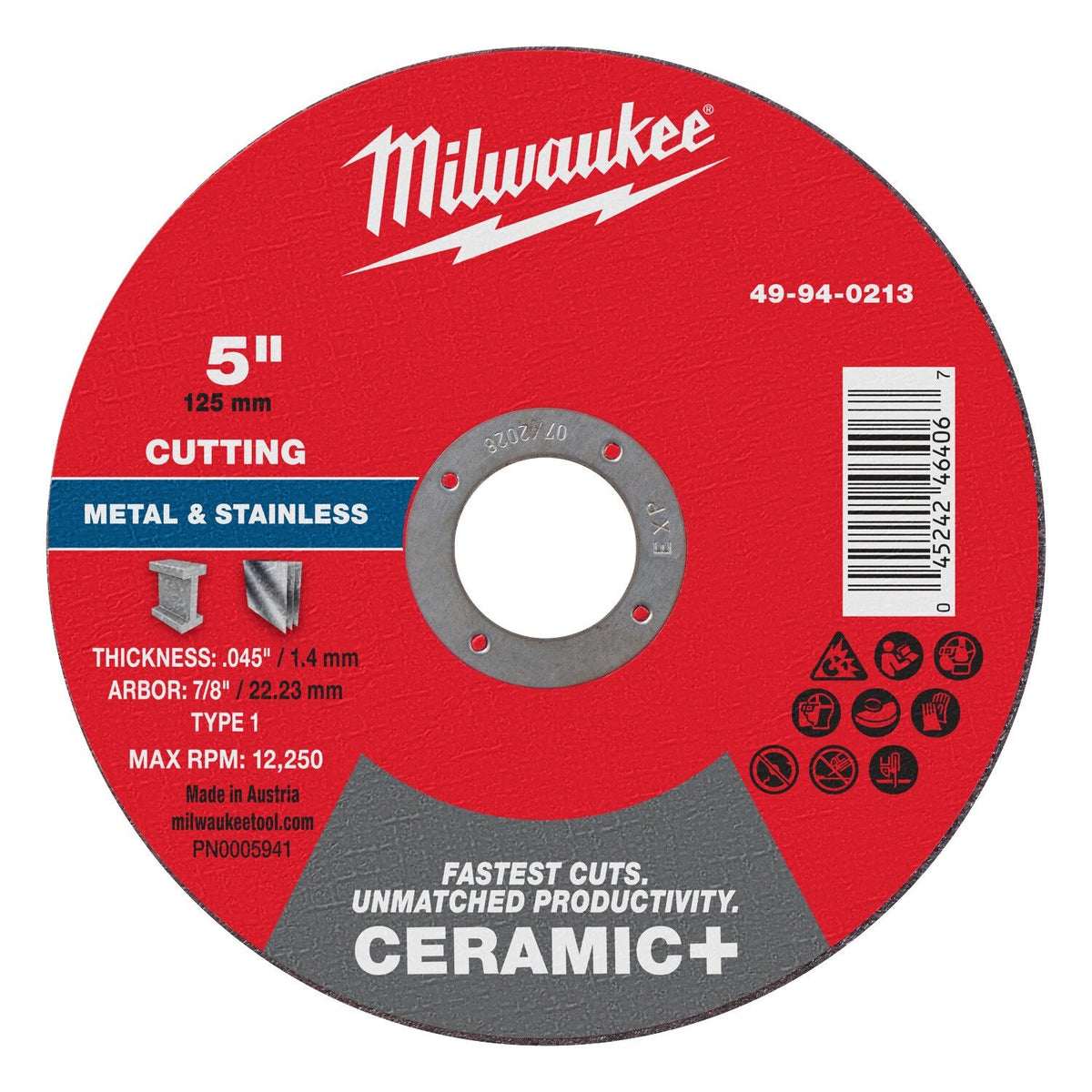 Milwaukee 49-94-0213 5in x 0.045in x 7/8in Ceramic+ Metal Cut Off Wheel Type 1 for Metal and Stainless Steel (25 Pack)