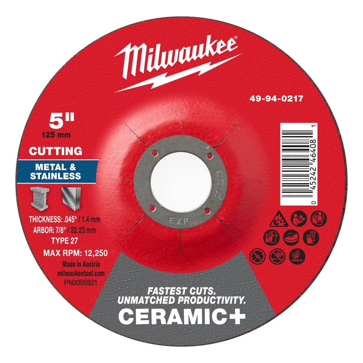 Milwaukee 49-94-0217 5 in x 0.045 in x 7/8 in Ceramic Plus Metal Cut Off Wheel Type 27 (25 Pack)