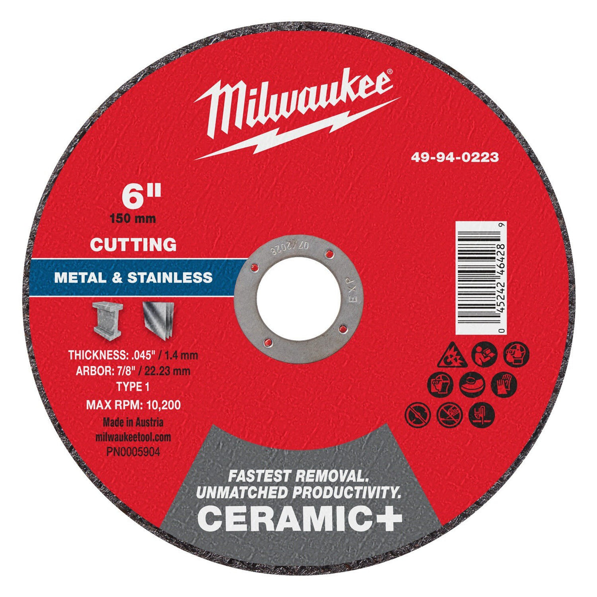Milwaukee 49-94-0223 6 in. x 0.045 in. x 7/8 in. Ceramic+ Metal Cut Off Wheel Type 1 (25 Pack)