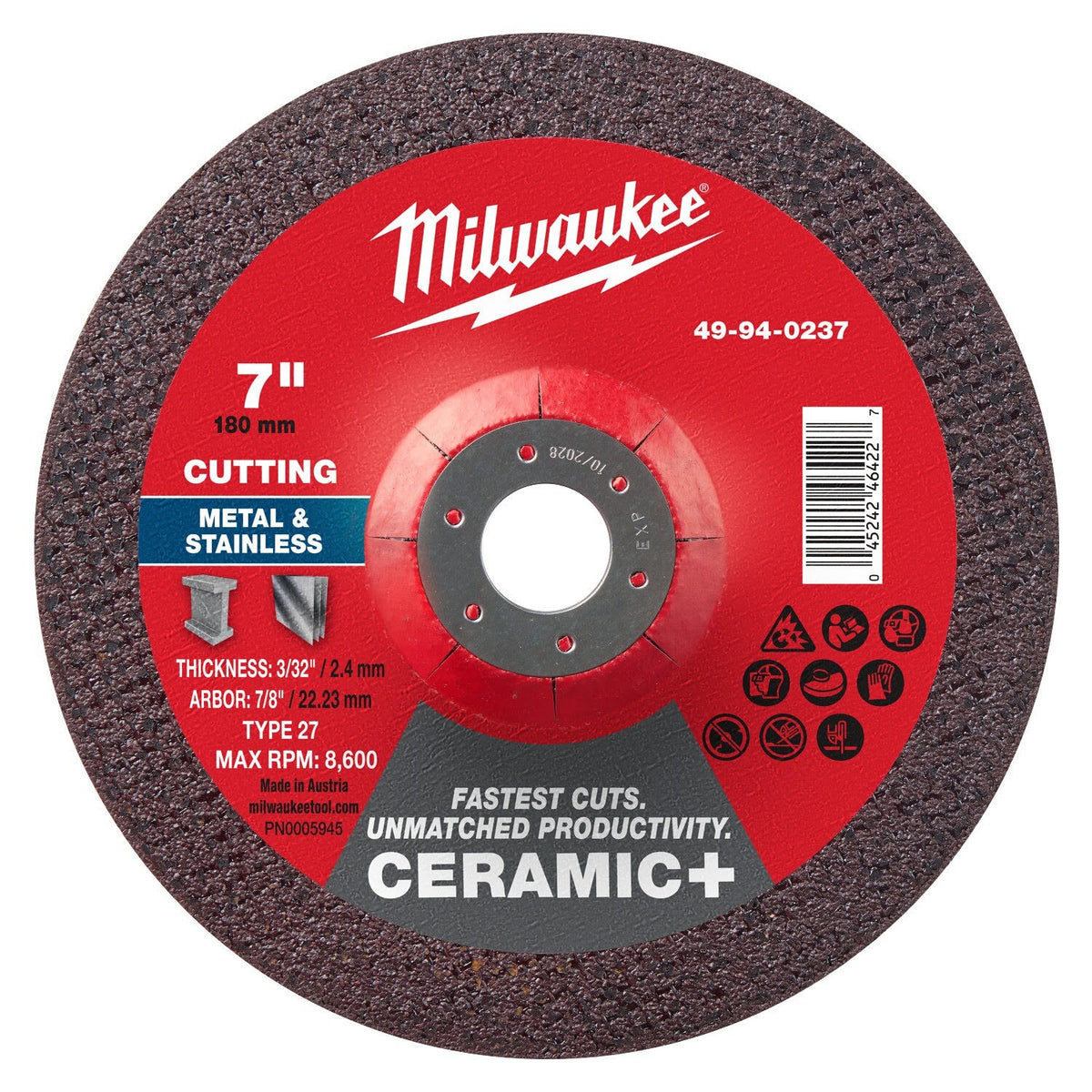 Milwaukee 49-94-0237 7 in. x 3/32 in. x 7/8 in. Ceramic Plus Metal Cut-Off Wheel Type 27 (25 Pack)