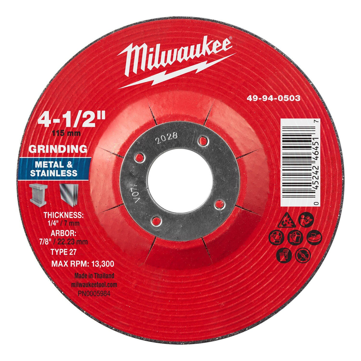 Milwaukee 49-94-0503 4-1/2 in. x 1/4 in. x 7/8 in. Type 27 Metal Grinding Wheel (10 Pack)