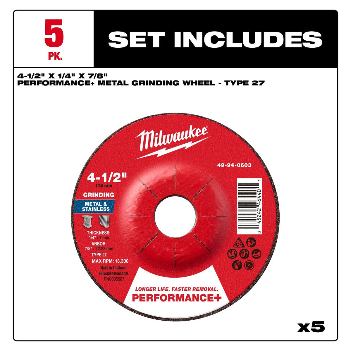 Milwaukee 49-94-0601 4-1/2 in x 1/4 in x 7/8 in Performance Plus Metal Grinding Wheel Type 27 (5 Pack) - 8
