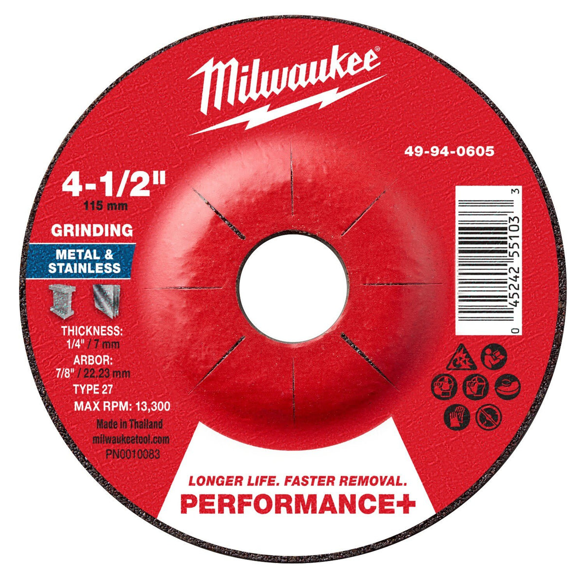 Milwaukee 49-94-0605 4-1/2 in. x 1/4 in. x 7/8 in. Performance+ Metal Grinding Wheel Type 27 (25 Pack)