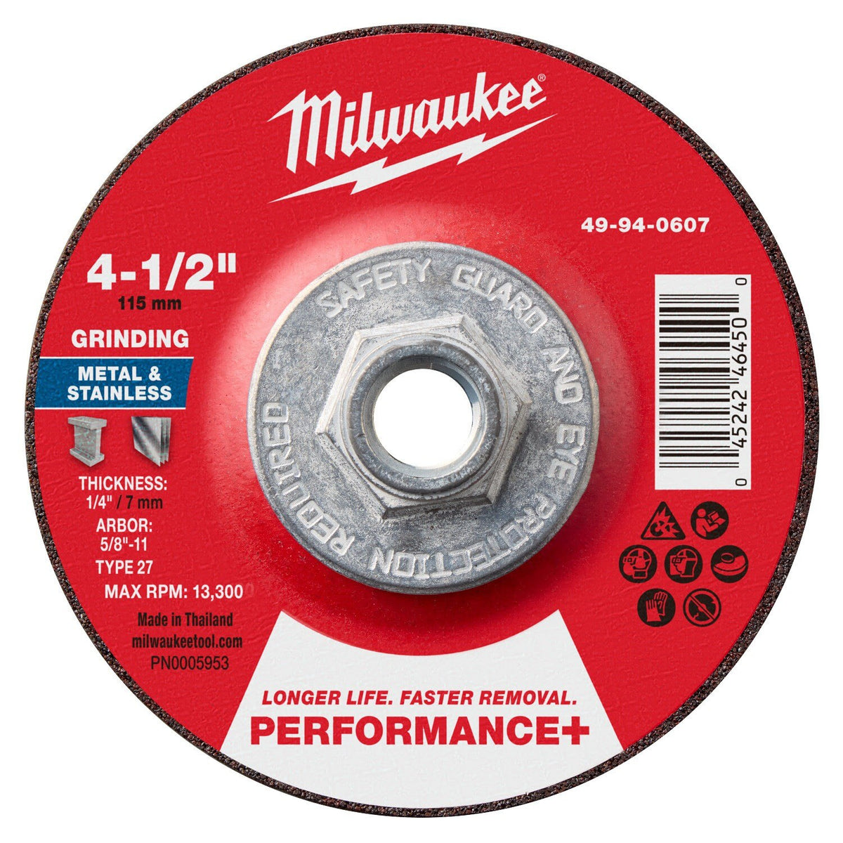 Milwaukee 49-94-0607 4-1/2 in. x 1/4 in. x 5/8-11 Type 27 Performance Plus Metal Grinding Wheel (5 Pack)