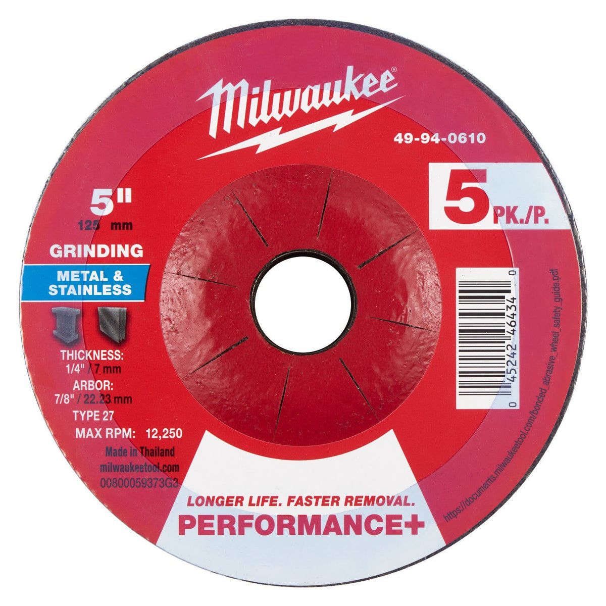 Milwaukee 49-94-0610 5 in. x 1/4 in. x 7/8 in. Performance Plus Type 27 Metal Grinding Wheel for Angle Grinders (5 Pack)