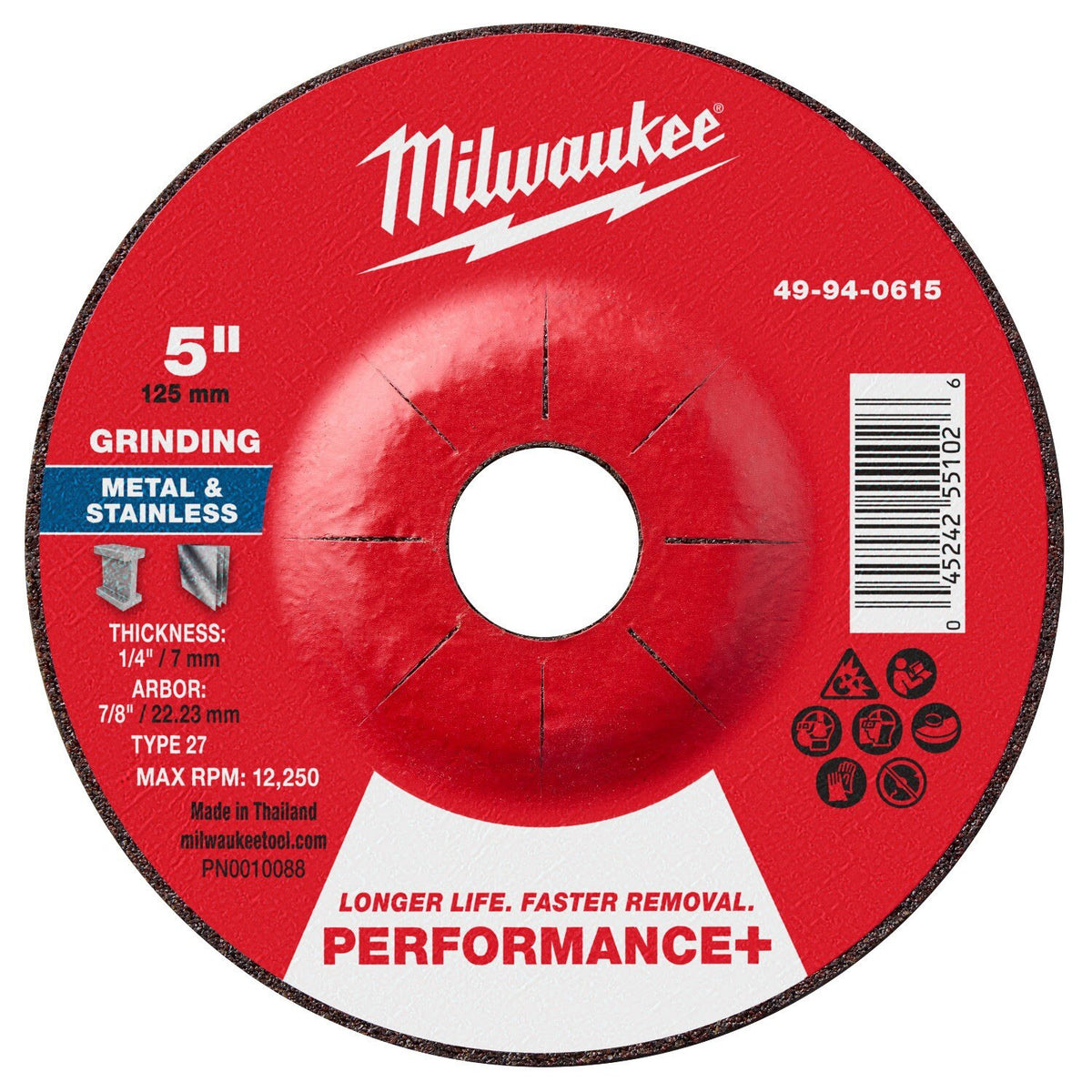 Milwaukee 49-94-0615 5 in. x 1/4 in. x 7/8 in. Performance Plus Metal Grinding Wheel Type 27 (25 Pack)