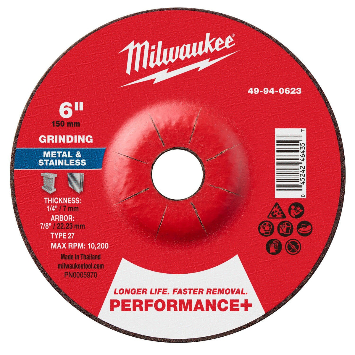 Milwaukee 49-94-0623 6 in x 1/4 in x 7/8 in Performance Plus Metal Grinding Wheel Type 27 (10 Pack)