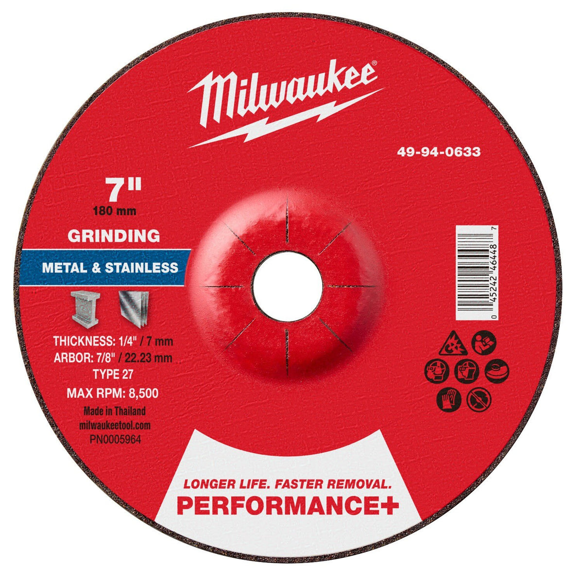 Milwaukee 49-94-0633 7 in. x 1/4 in. x 7/8 in. Performance Plus Metal Grinding Wheel Type 27 (10 Pack)