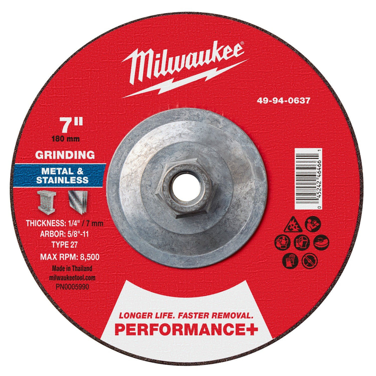 Milwaukee 49-94-0637 7 in. Performance+ Type 27 Metal Grinding Wheel 5/8-11 (5 Pack)