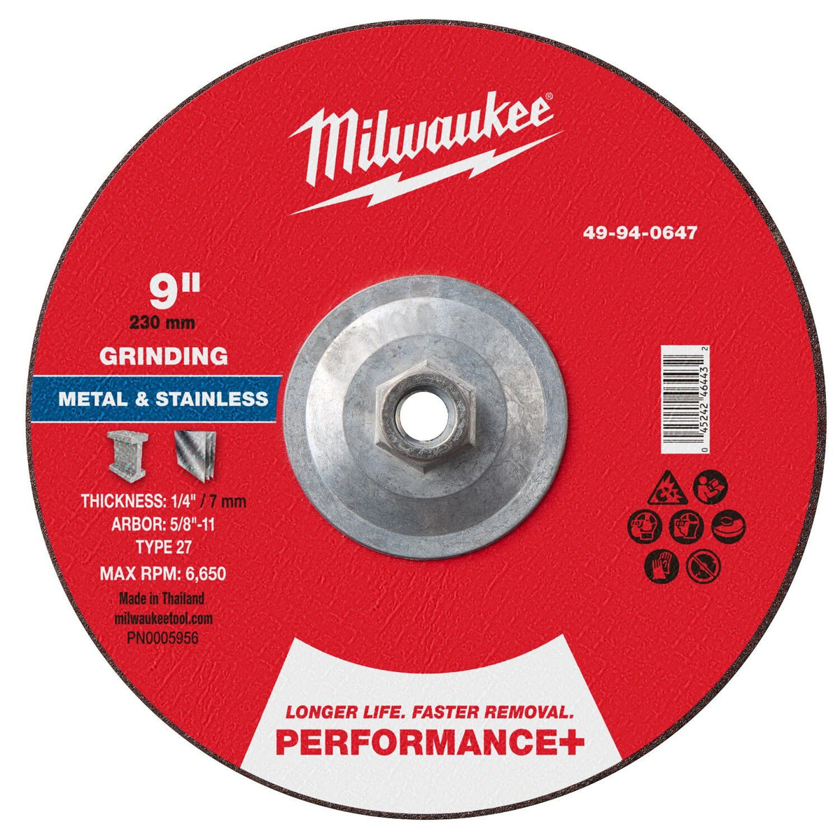 Milwaukee 49-94-0647 9 in. x 1/4 in. Type 27 Performance+ Metal Grinding Wheel with 5/8 in.-11 Hub (5 Pack)