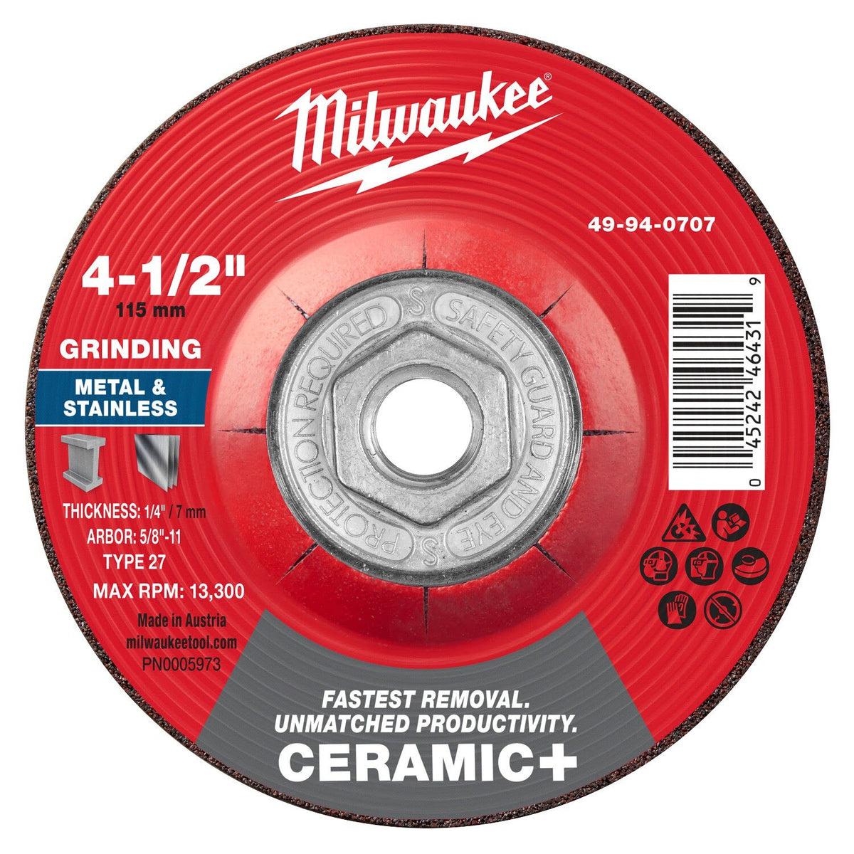 Milwaukee 49-94-0707 4-1/2 in x 1/4 in Type 27 Ceramic Plus Metal Grinding Wheel 5/8-11 (5 Pack)