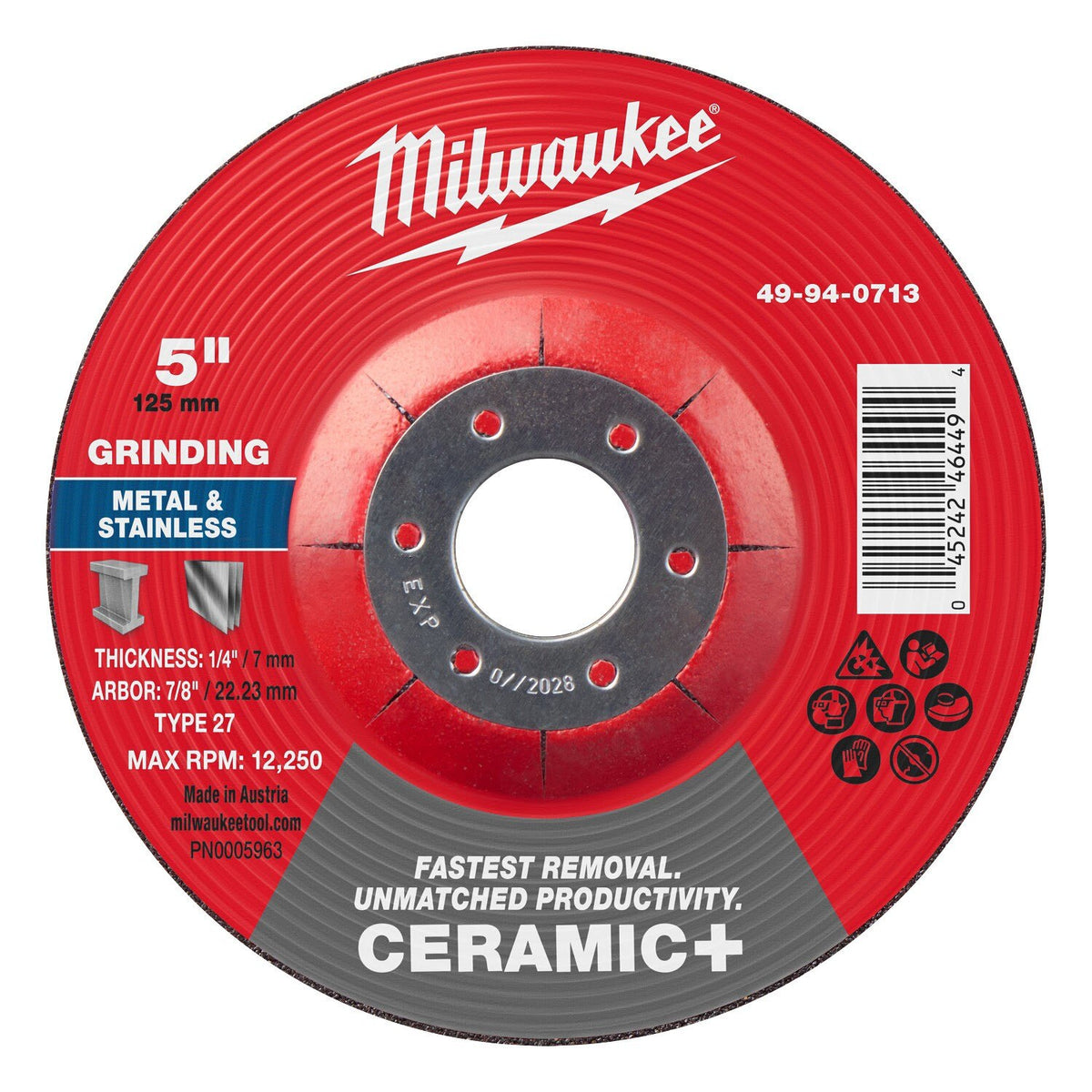 Milwaukee 49-94-0713 5 in. x 1/4 in. x 7/8 in. Ceramic Plus Metal Grinding Wheel Type 27 (10 Pack)