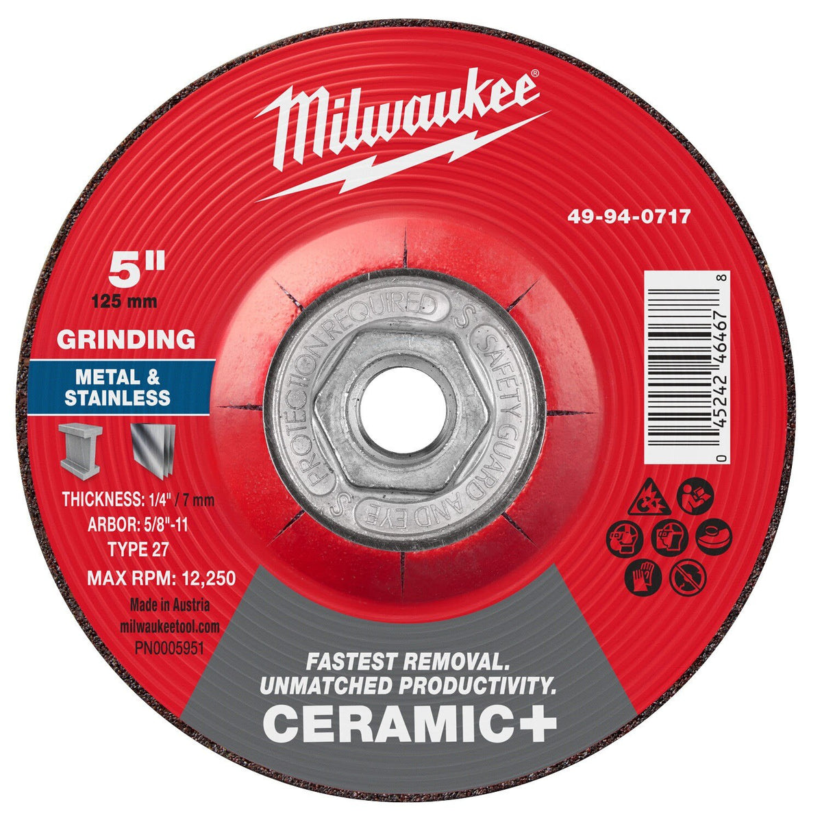 Milwaukee 49-94-0717 5 in x 1/4 in x 5/8-11 Ceramic Plus Metal Grinding Wheel Type 27 (5 Pack)