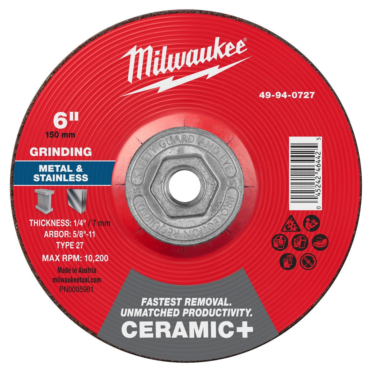 Milwaukee 49-94-0727 6 in Ceramic Plus Metal Grinding Wheel Type 27 5/8-11 (5 Pack)