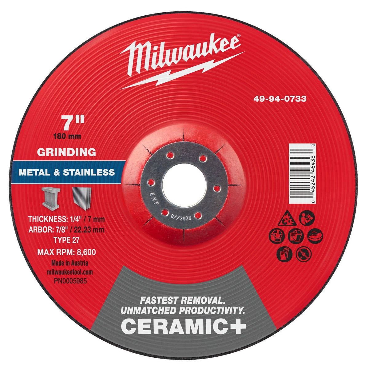 Milwaukee 49-94-0733 7 in x 1/4 in x 7/8 in Ceramic Plus Metal Grinding Wheel Type 27 for Metal and Stainless Steel (10 Pack)