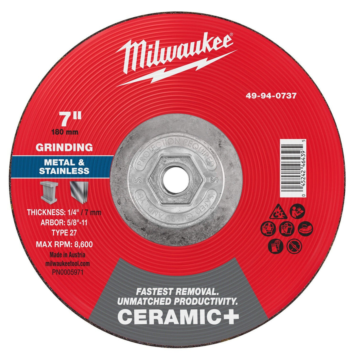 Milwaukee 49-94-0737 7 in x 1/4 in Type 27 Ceramic Plus Metal Grinding Wheel 5/8-11 (5 Pack)