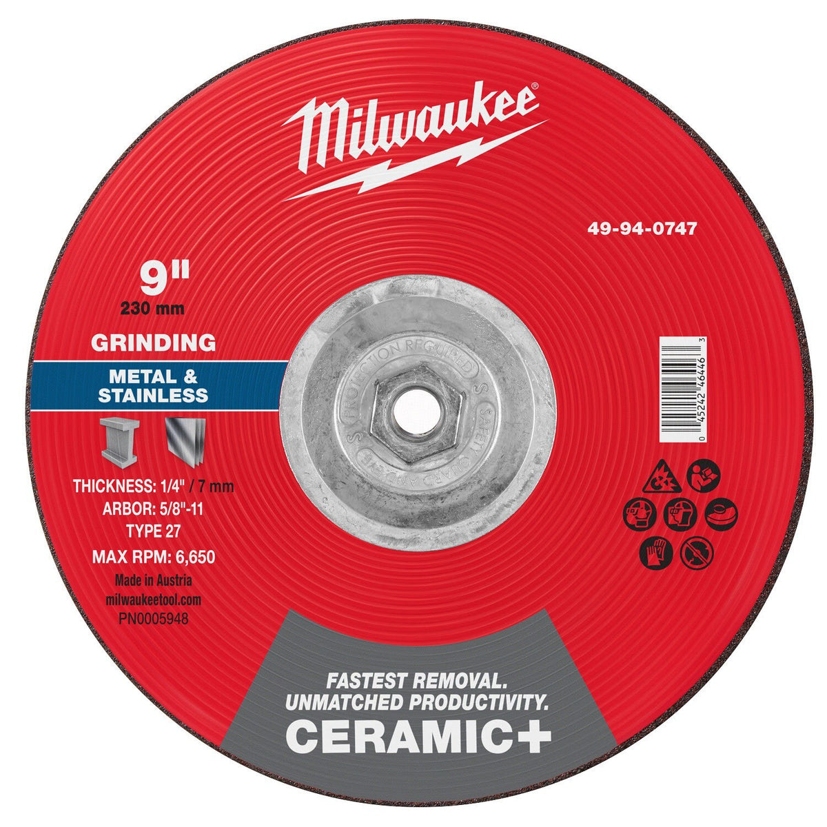 Milwaukee 49-94-0747 9 in. Type 27 Ceramic+ Metal Grinding Wheel 5/8 in.-11 Threaded Hub (5 Pack)