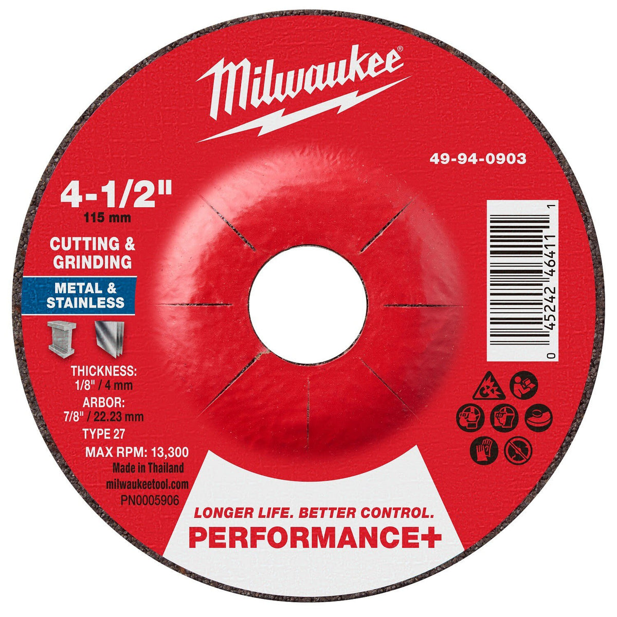 Milwaukee 49-94-0903 Performance Plus Dual Metal Cut Grind Wheel Type 27 4-1/2 in x 1/8 in x 7/8 in (25 Pack)