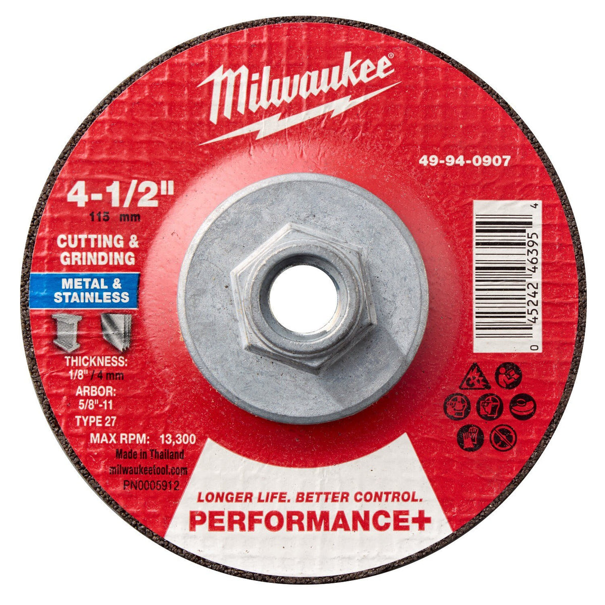 Milwaukee 49-94-0907 4-1/2 in. x 1/8 in. x 5/8-11 Performance Plus Dual Metal Cut and Grind Wheel Type 27 (10 Pack)