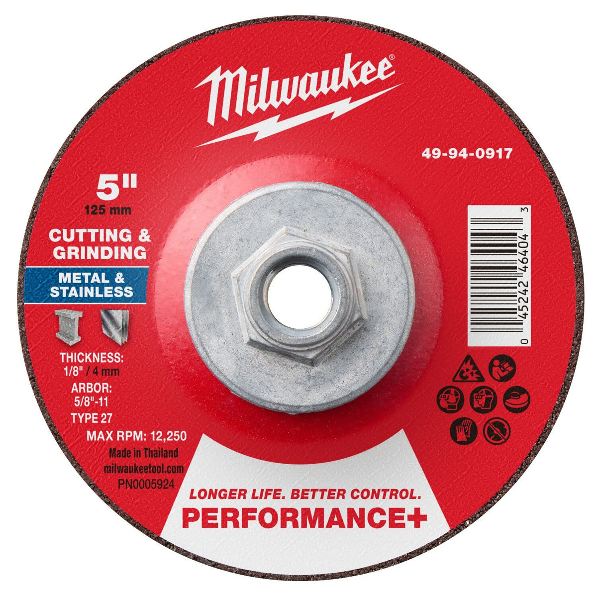 Milwaukee 49-94-0917 5 in. x 1/8 in. x 5/8 in.-11 Performance+ Dual Metal Cut and Grind Wheel Type 27 (10 Pack)