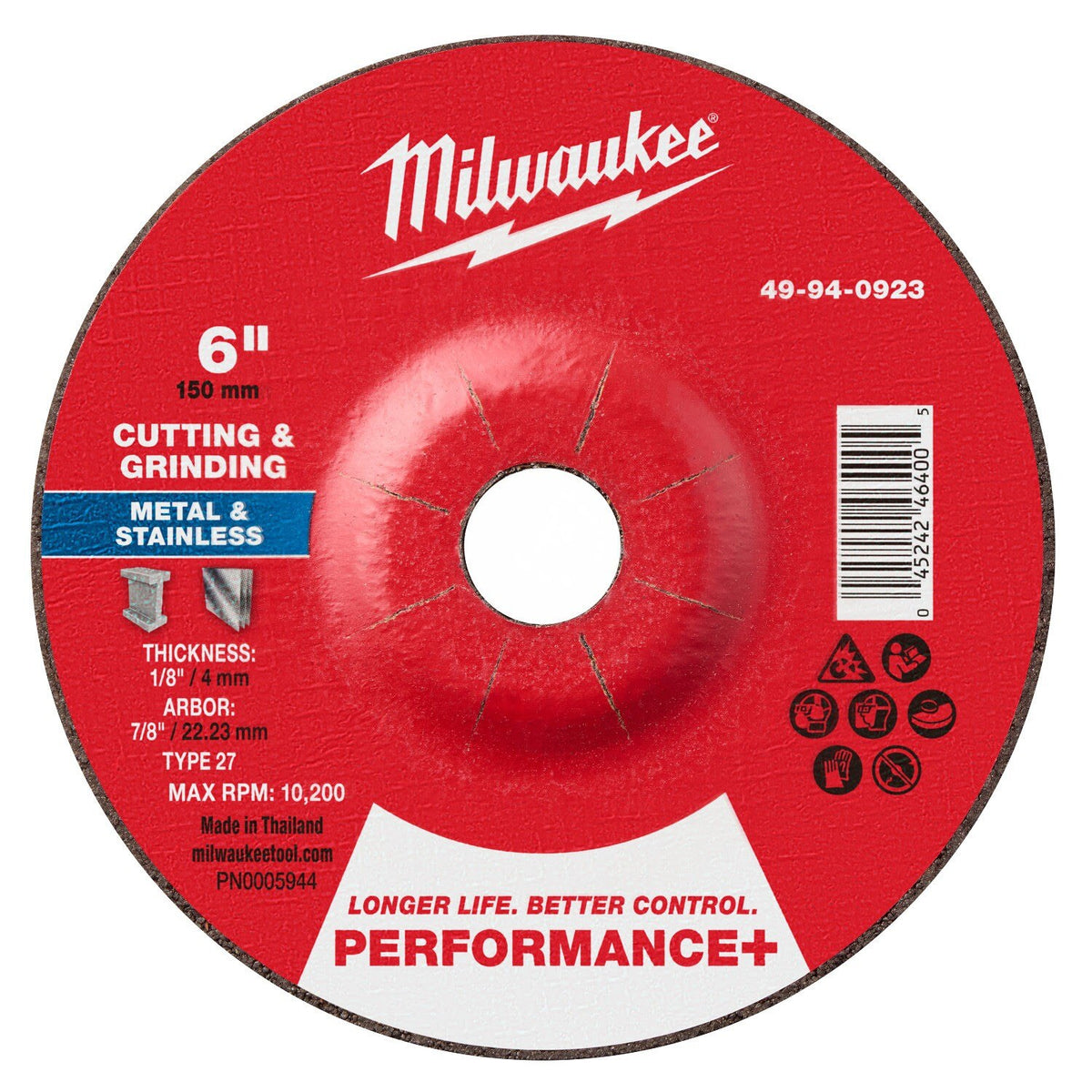 Milwaukee 49-94-0923 6 in. x 1/8 in. x 7/8 in. Performance+ Dual Metal Cut and Grind Wheel Type 27 (25 Pack)