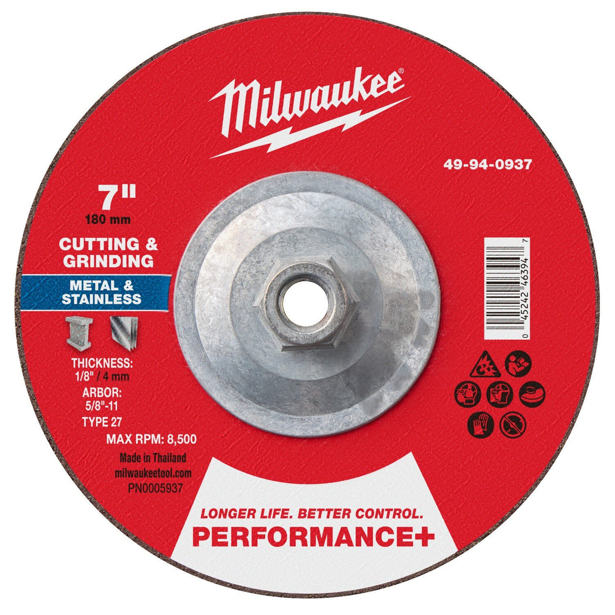 Milwaukee 49-94-0937 7 in x 1/8 in x 5/8-11 Dual Metal Cut and Grind Wheel Type 27 (10 Pack)