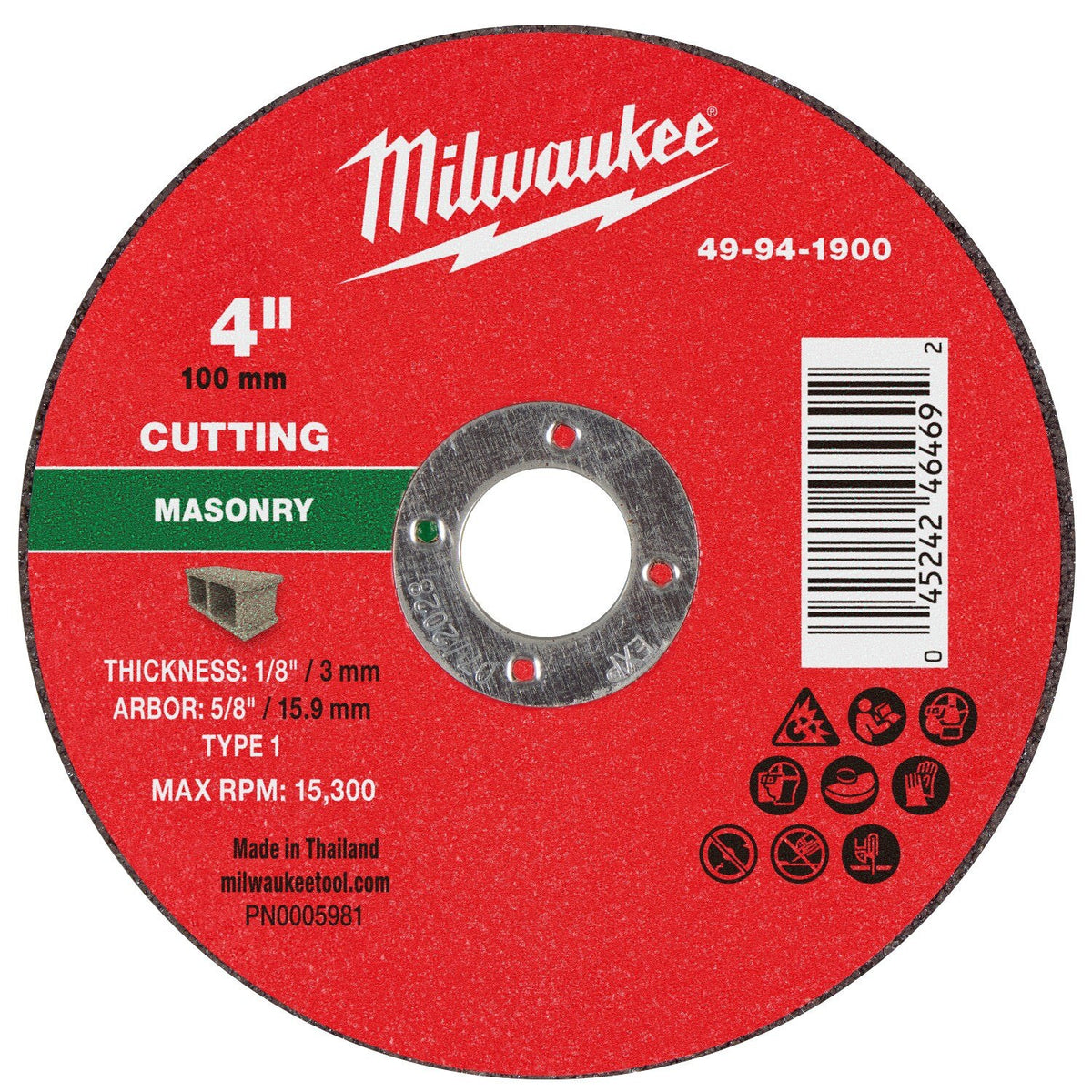 Milwaukee 49-94-1900 4 in. x 1/8 in. x 5/8 in. Masonry Cut-Off Wheel Type 1 for Angle Grinders (25 Pack)