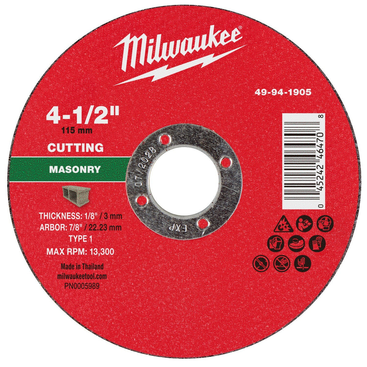 Milwaukee 49-94-1905 4-1/2 in. x 1/8 in. x 7/8 in. Masonry Cut-Off Wheel Type 1 (25 Pack)