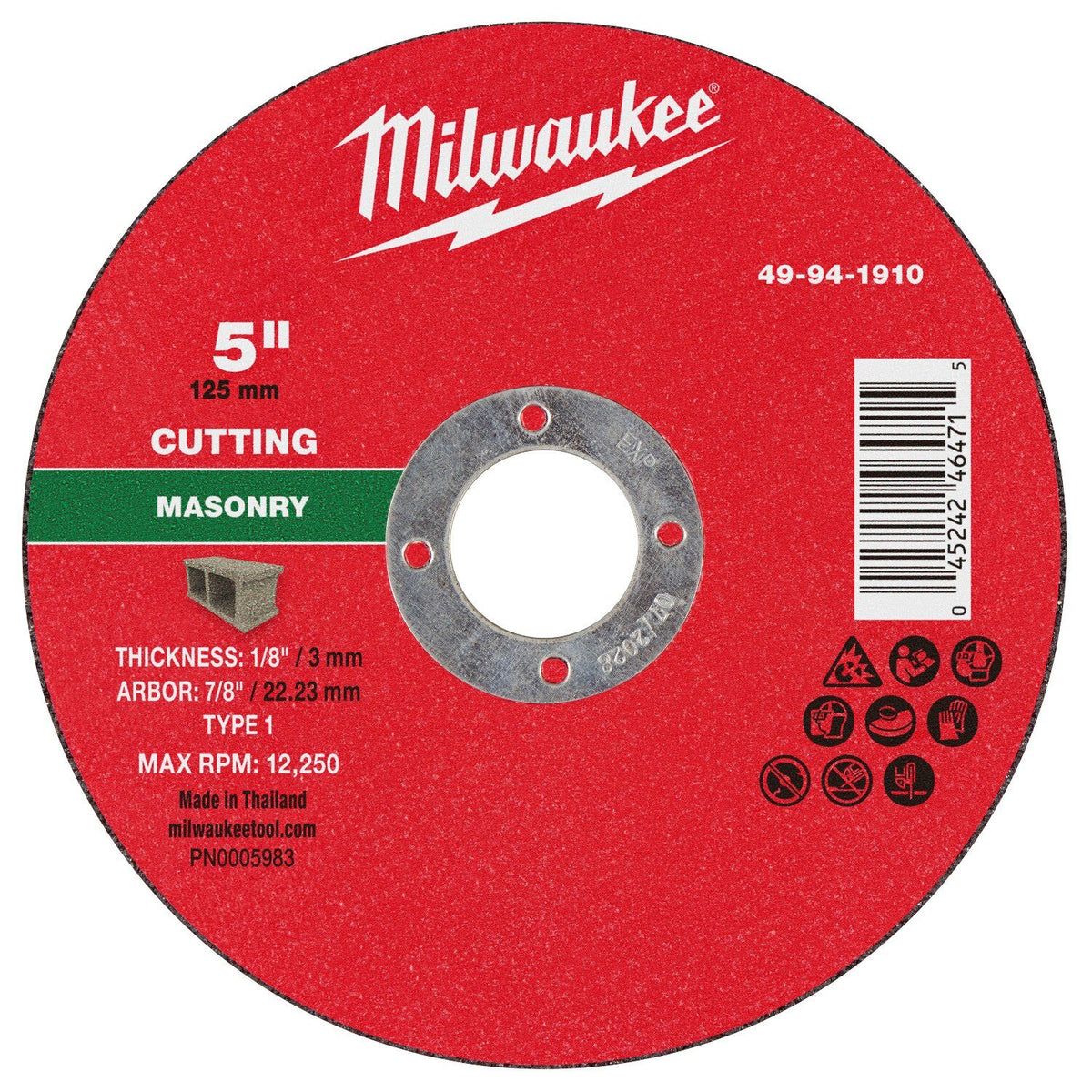Milwaukee 49-94-1910 5 in. Type 1 Masonry Cut Off Wheel 1/8 in. Thick 7/8 in. Arbor (25 Pack)