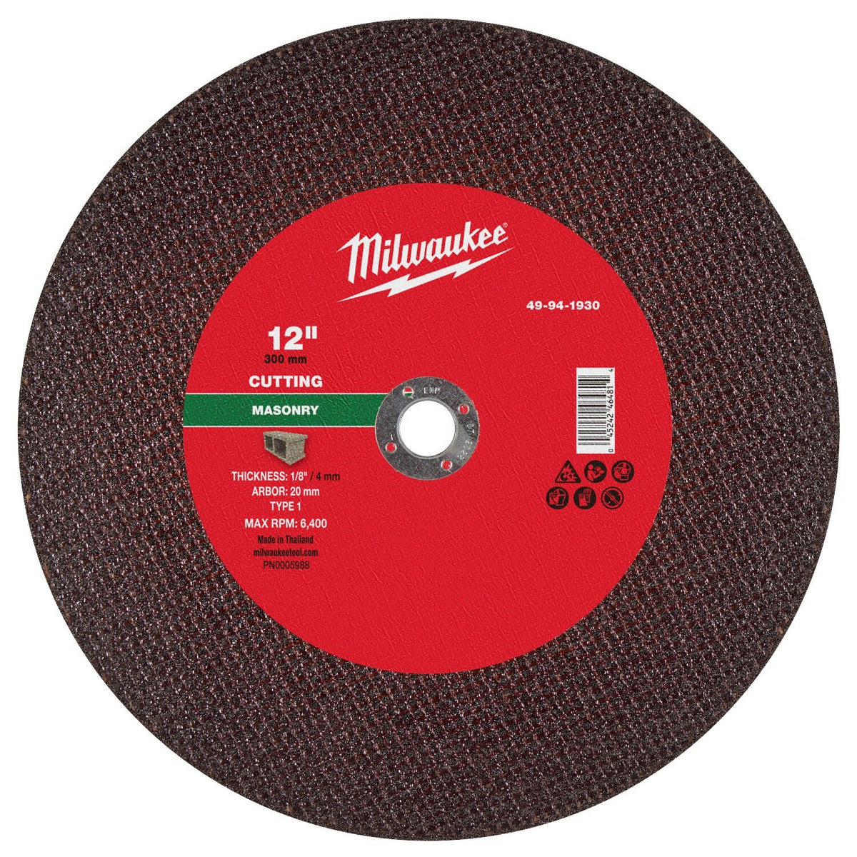 Milwaukee 49-94-1930 12 in. x 1/8 in. x 20mm Type 1 Masonry Cut Off Wheel (10 Pack)