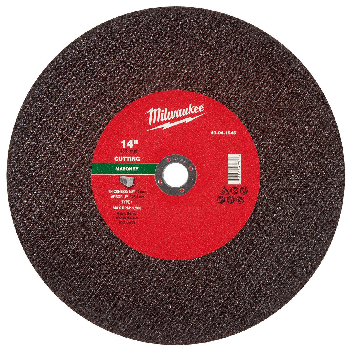 Milwaukee 49-94-1945 14 in. x 1/8 in. x 20mm Masonry Cut Off Wheel Type 1 (10 Pack)