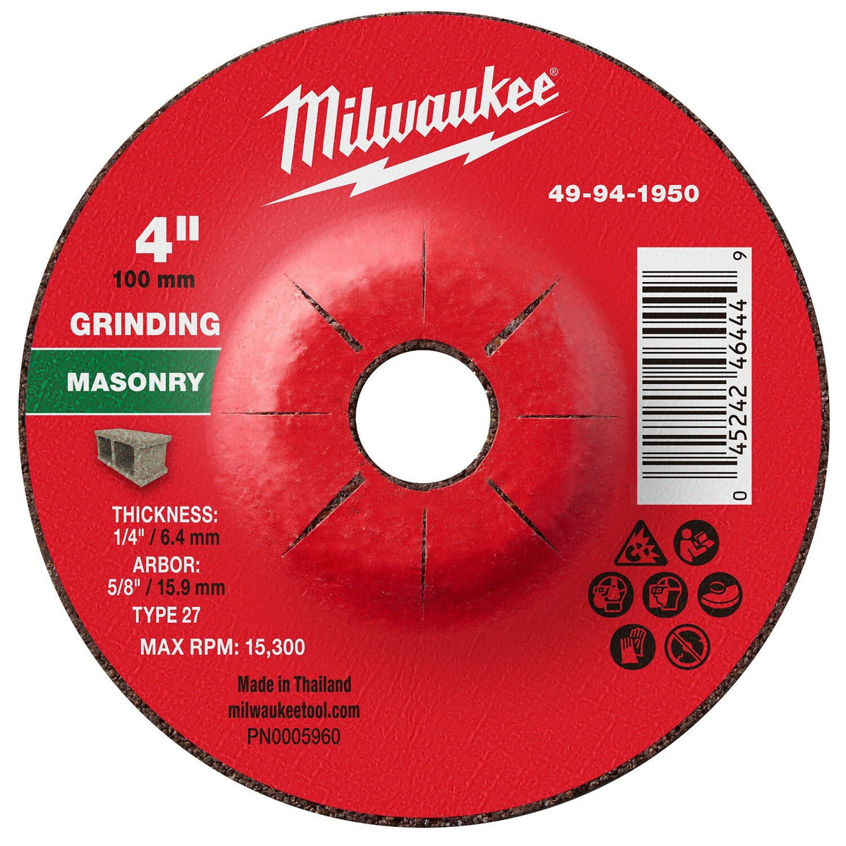 Milwaukee 49-94-1950 4 in x 1/4 in x 5/8 in Type 27 Masonry Grinding Wheel for Angle Grinders (10 Pack)