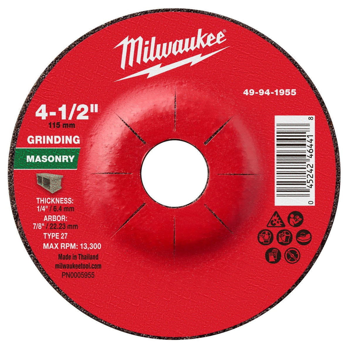 Milwaukee 49-94-1955 4-1/2 in x 1/4 in x 7/8 in Type 27 Masonry Grinding Wheel for Angle Grinders (10 Pack)