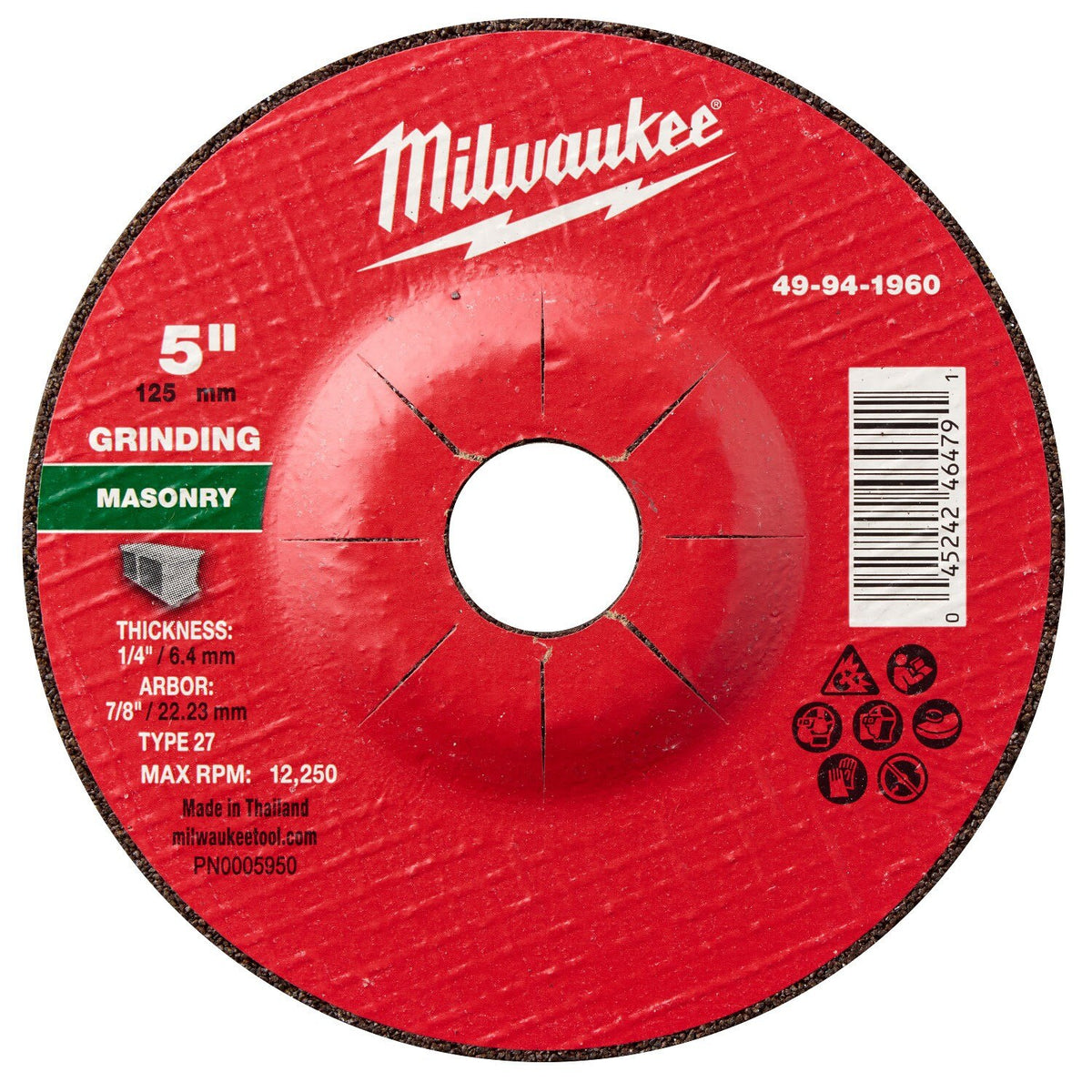 Milwaukee 49-94-1960 5 in x 1/4 in x 7/8 in Type 27 Masonry Grinding Wheel for Angle Grinders (10 Pack)