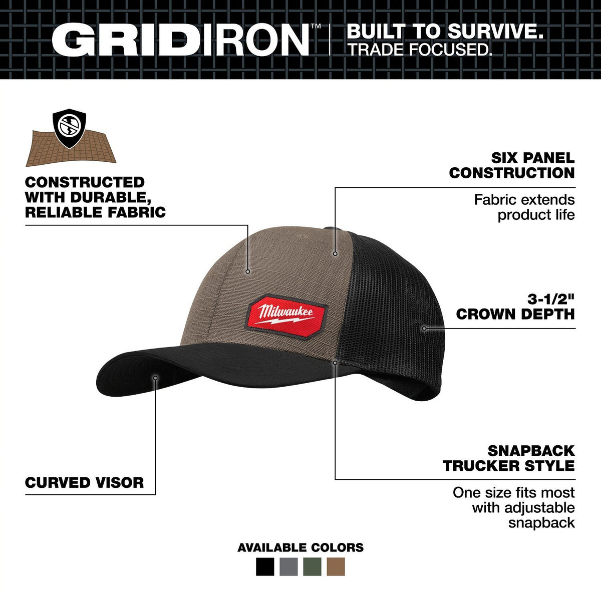 Milwaukee 505N GRIDIRON Snapback Trucker Hat Brown with Ripstop Polyester Front Panel - 2