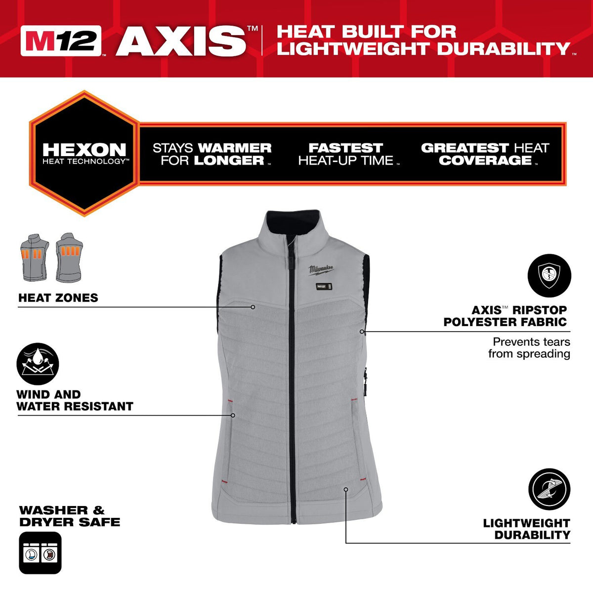 Milwaukee F300G-21 M12 Women's Gray Axis Vest with (1) 2.0 Ah Battery and Charger - 2