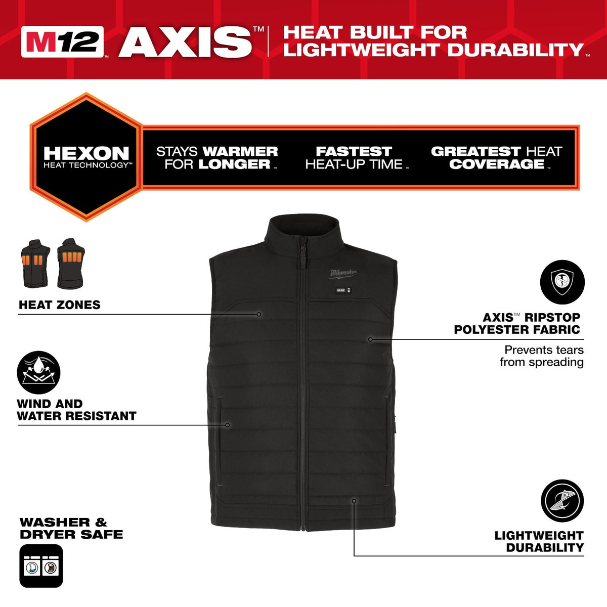 Milwaukee M300B-21 M12 Heated Black Axis Vest with (1) 2.0 Ah Battery and Charger - 2