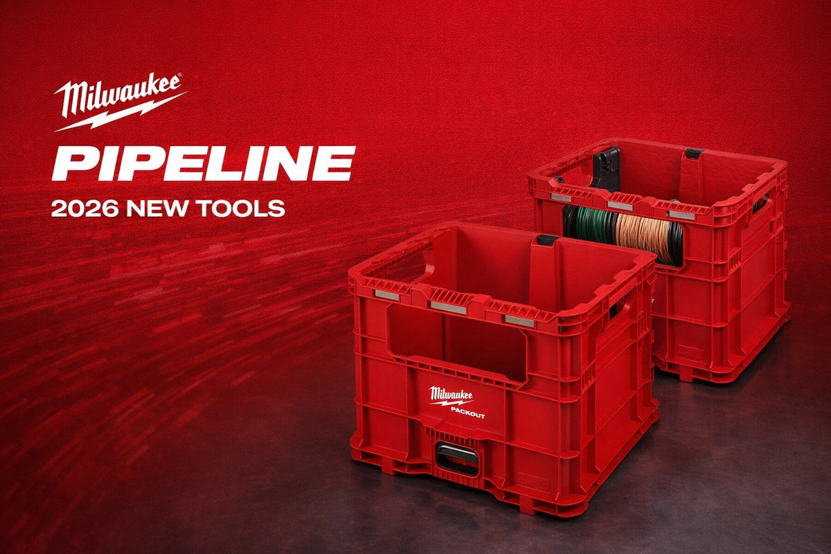 Milwaukee PACKOUT XL Crate and Wire Pulling XL Crate on the Pipeline 2026 red background