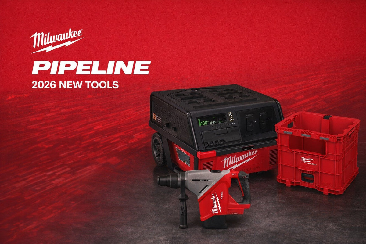 Milwaukee Pipeline 2026 lineup: ROLL-ON power supply, M18 FUEL SDS Max rotary hammer, and PACKOUT XL crate on the Pipeline red background
