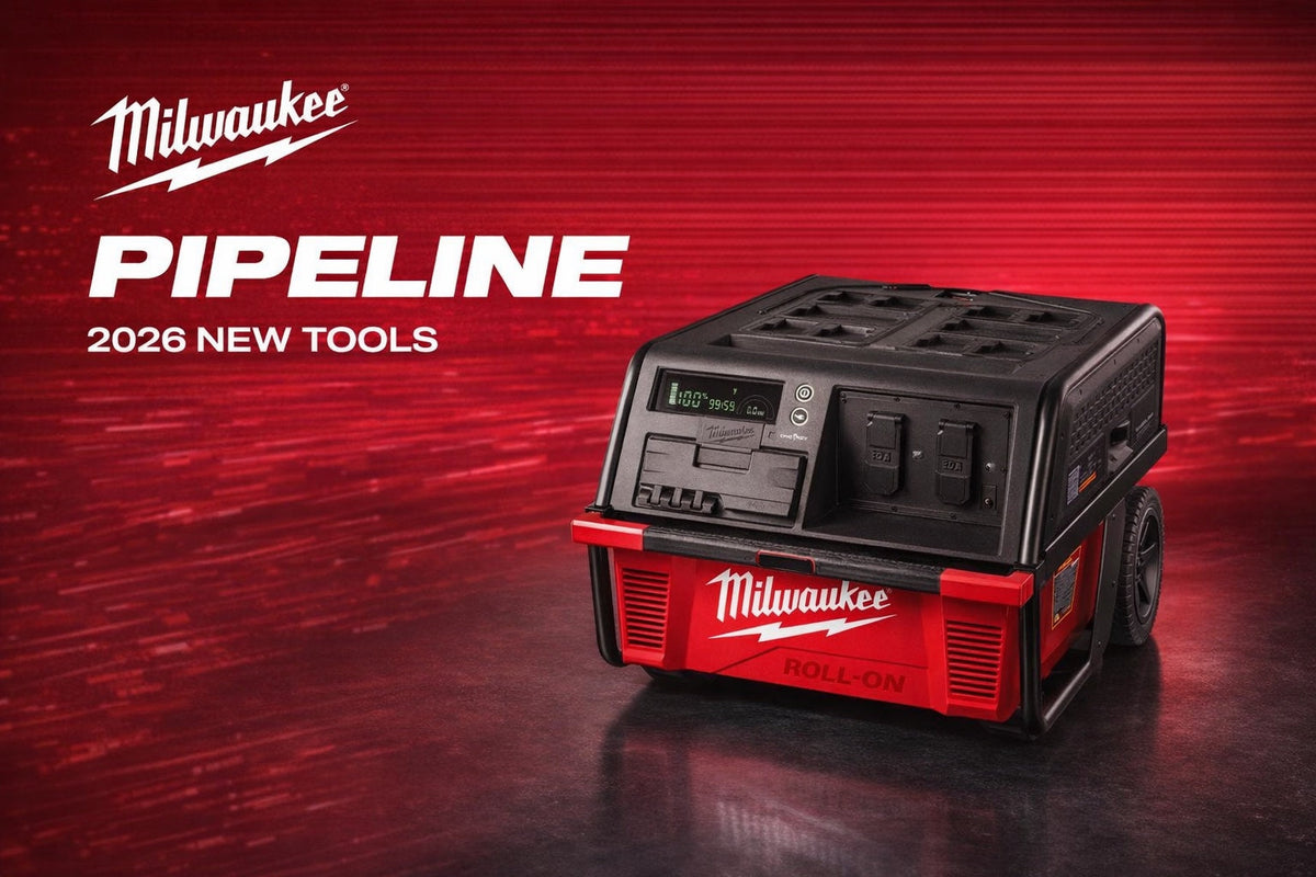 Milwaukee ROLL-ON 3301R 7200W portable power supply on the Pipeline 2026 red background