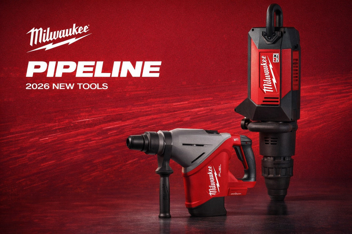 Milwaukee M18 FUEL SDS Max rotary hammer and MX FUEL 27 lb demolition hammer on the Pipeline 2026 red background