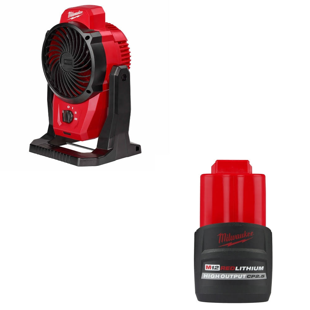 Milwaukee 0820-20 M12 Mounting Fan W/ 48-11-2425 M12 CP2.5 Battery Pack