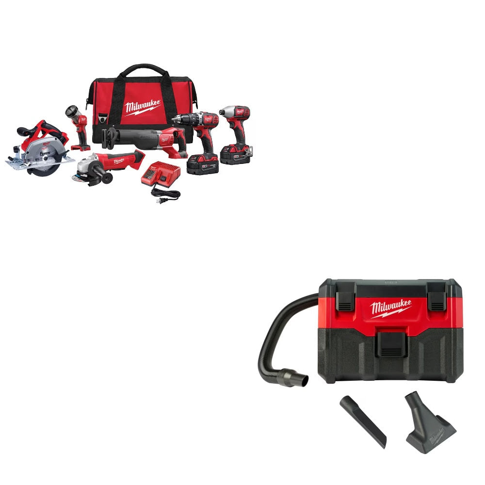 Milwaukee 2696-26 M18 6-Tool Combo Kit w/ Two FREE 0880-20 18V Wet/Dry Vacuum, Bare