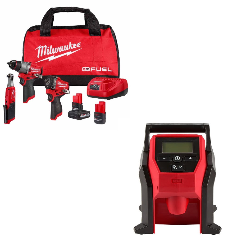 Milwaukee 3424-23 M12 FUEL 3-Tool Kit W/ FREE 2475-20 M12 Compact Inflator